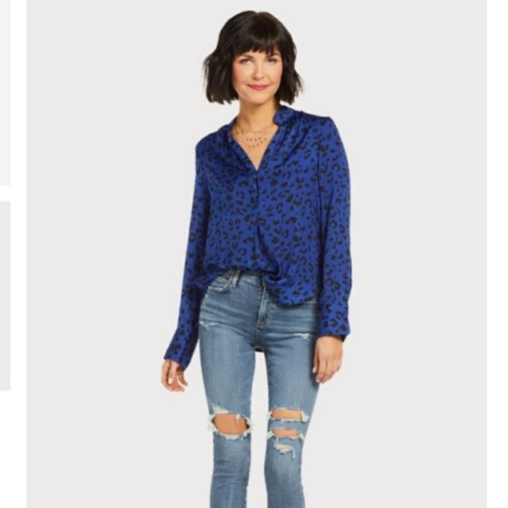 David LERNER blue leopard print‎ blouse XS